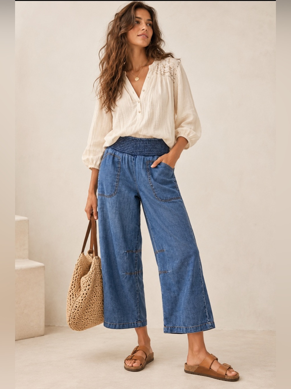 Pilcro Cropped Reese Smocked Pull-On Barrel Jeans | Size Small